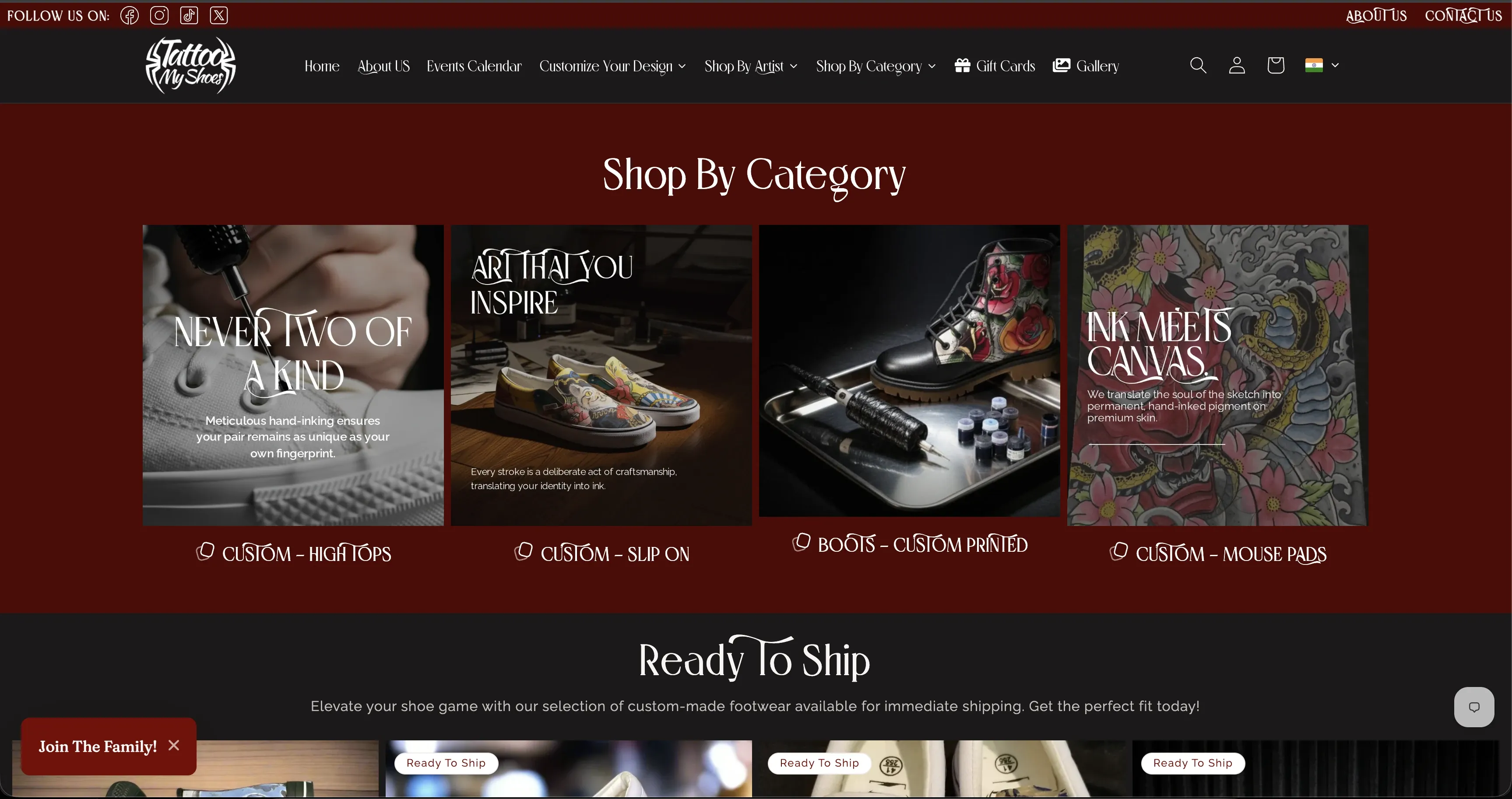 The rebuilt TattooMyShoes homepage, showing category-led shopping and ready-to-ship products.