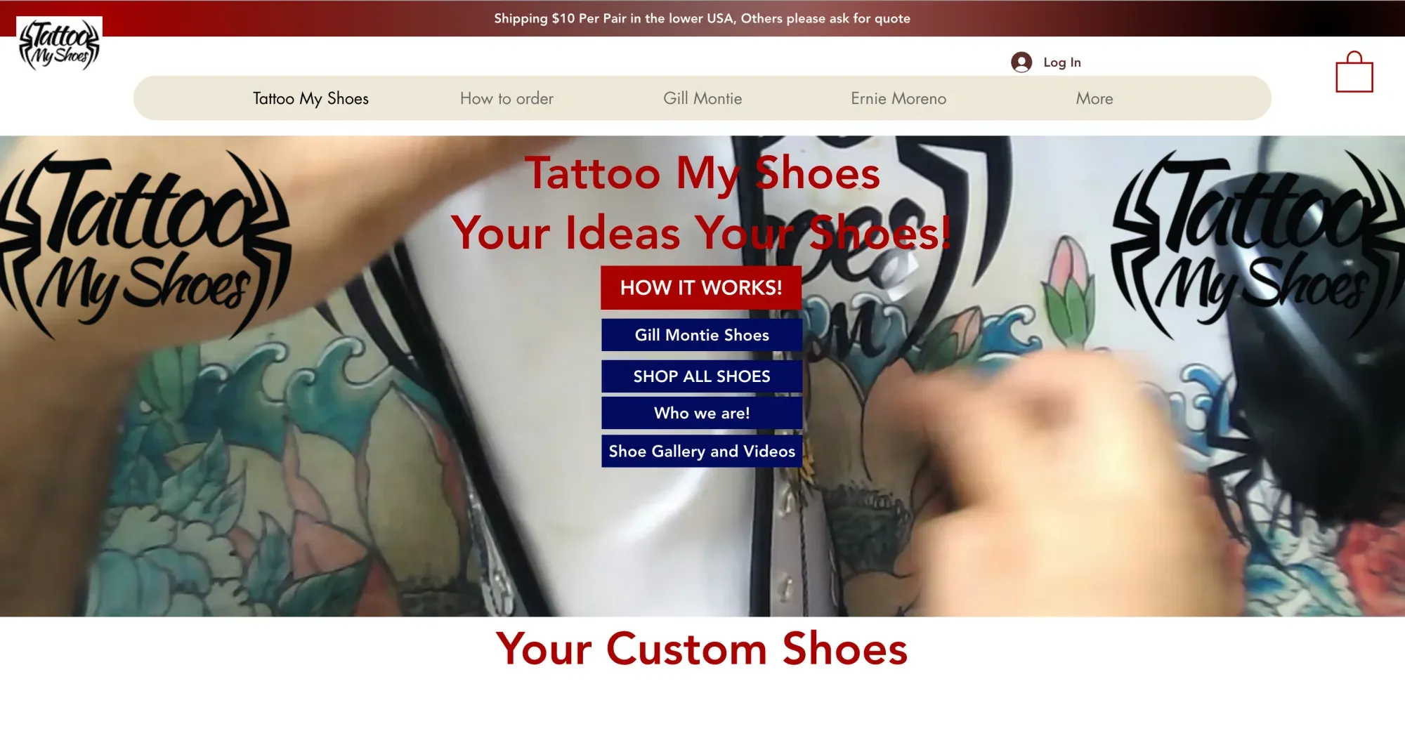 The old TattooMyShoes Wix homepage, with a generic video hero and rows of blue navigation buttons.