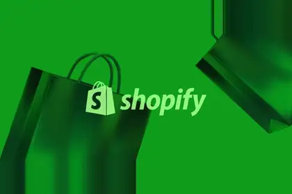 The Shopify logo and wordmark over shopping bags, in Shopify green.